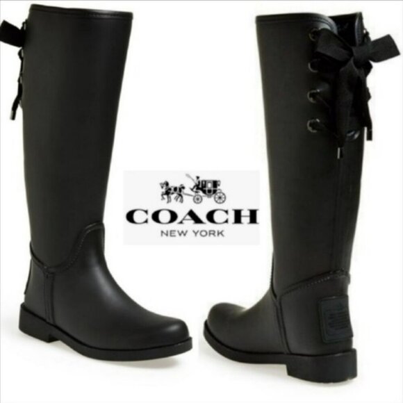 Coach Tristee Tall Black Rubber Matte Lace Up Slip on Rain Boots Size 8 - Picture 14 of 14